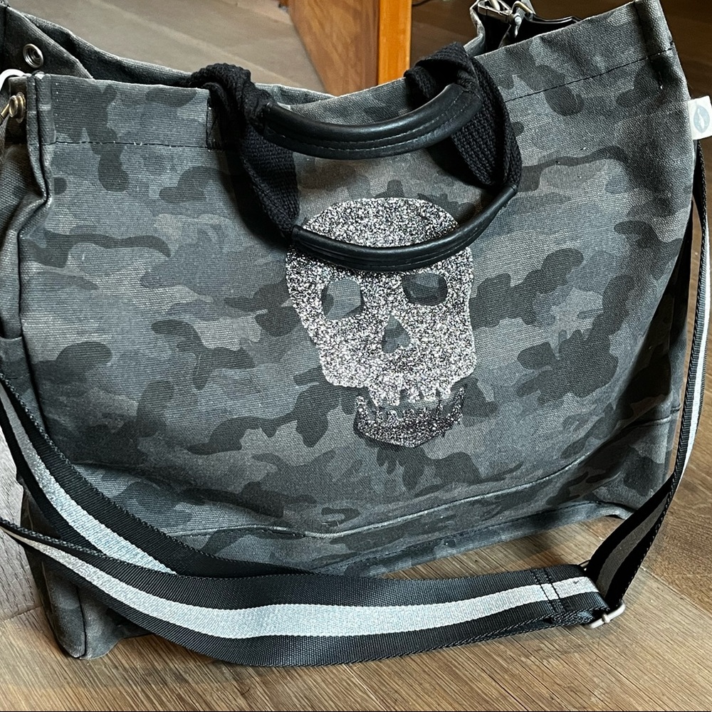 Quilted Koala Camo Tote bag with sparkle Skull and removable cross body strap